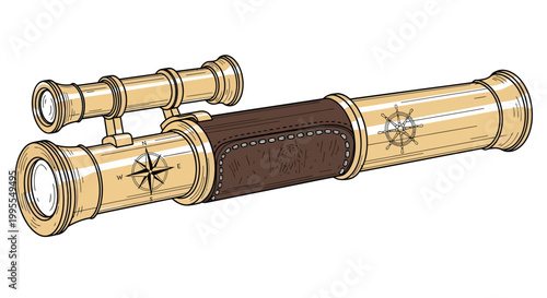 Vintage brass telescope with leather grip and nautical engravings, featuring a compass rose and ship's wheel.