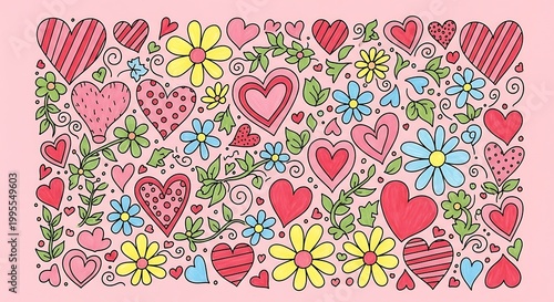 Colorful hearts and flowers illustration on pink background with love theme