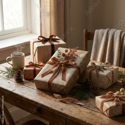 Ein Holztisch mit mehreren verpackten Geschenken