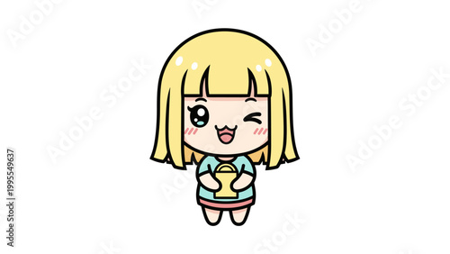 Kawaii chibi girl vector illustration, cute blonde anime character with shopping bag, happy winking cartoon girl mascot on white background