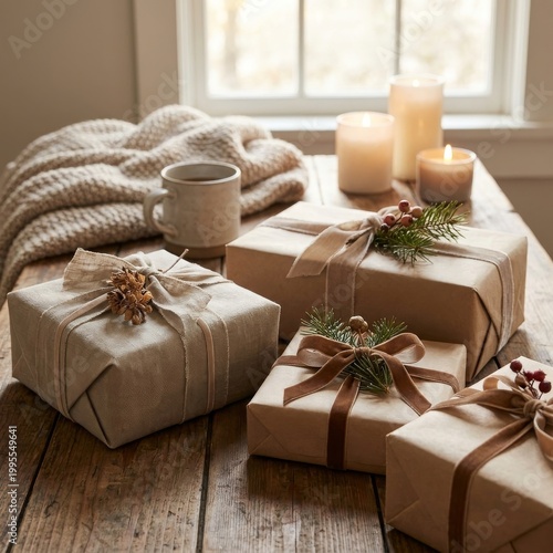 Ein Holztisch mit mehreren verpackten Geschenken