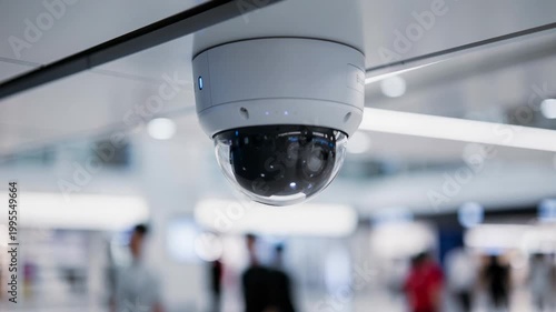 Modern indoor security camera monitoring public space in busy commercial environment