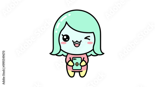Kawaii anime girl character holding smartphone, cute chibi girl with mint green hair and pink outfit, happy winking cartoon mascot vector illustration