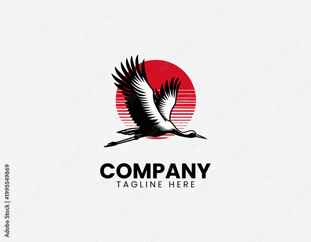 Fototapeta premium Flying crane bird with red sun black vector illustration