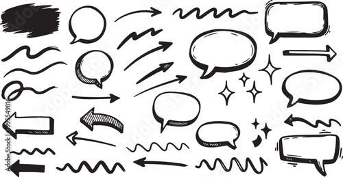 Colorful hand drawn scribble speech bubbles and thought clouds vector set with crayon texture sketch style for creative communication and social media design