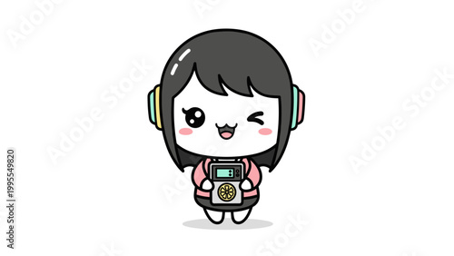Kawaii anime girl character listening to music with headphones, cute chibi girl holding portable music player, flat vector illustration for stickers