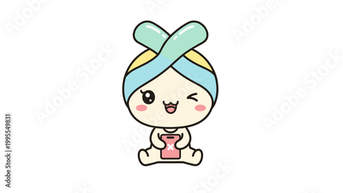 Kawaii chibi character vector illustration, cute winking mascot with pastel headband, adorable cartoon baby holding pink smartphone