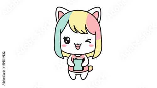 Kawaii anime cat girl character holding smartphone, cute pastel rainbow hair kitten mascot, winking chibi feline avatar vector illustration