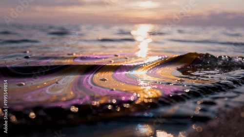 Close-up of colorful oil slick on water surface during sunset with vibrant reflections and natural light