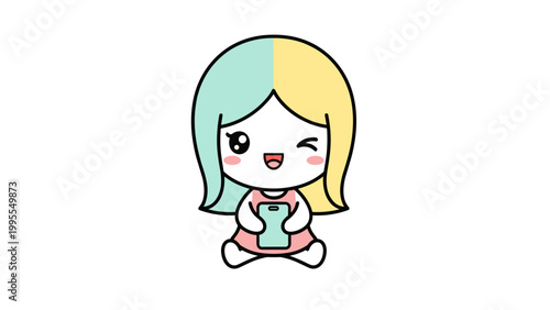 Kawaii chibi girl vector illustration, cute cartoon character with pastel hair holding a smartphone, happy winking girl mascot in flat anime style