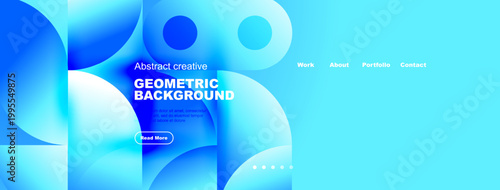 Abstract blue design. Geometric shapes overlap, creating modern website header or banner. Text details present information.