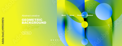 Bright abstract geometric background. Vivid colors blend, creating dynamic visual experience. Website header design elements present.