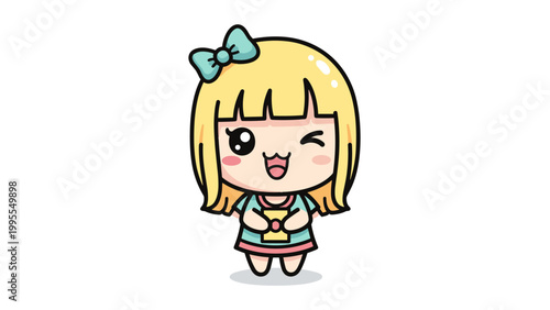 Kawaii chibi girl vector illustration, cute blonde anime character with blue bow, happy winking cartoon girl mascot for stickers and kids design
