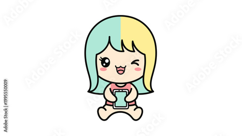 Kawaii chibi girl vector illustration, cute anime character with pastel hair holding a smartphone, winking cartoon girl using mobile phone device