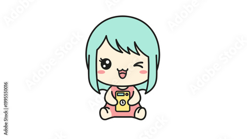 Kawaii chibi girl vector illustration, cute anime character with mint green hair holding a yellow camera, winking cartoon girl mascot