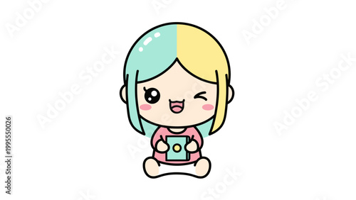 Kawaii business woman vector character, cute chibi girl in pink suit holding IOT tablet, professional female mascot with mint hair and winking expression