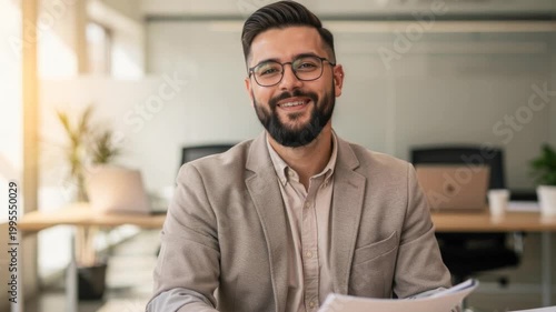 Smiling young businessman in glasses wearing beige suit sitting in modern office environment
