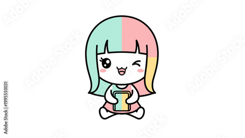 Kawaii anime girl vector illustration, cute pastel character holding a smartphone, winking chibi girl with colorful hair, adorable mascot for mobile apps