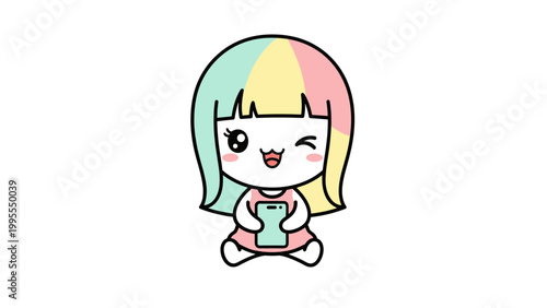 Kawaii anime girl vector illustration, cute chibi character with rainbow hair holding a smartphone, happy winking cartoon girl for social media stickers