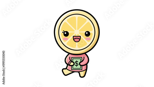 Kawaii lemon character holding money bill, cute citrus fruit mascot with dollar banknote, happy yellow lemon slice cartoon vector illustration