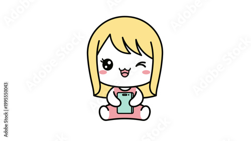 Kawaii business woman vector character, cute chibi girl in pink suit holding IOT tablet, professional female mascot with mint hair and winking expression