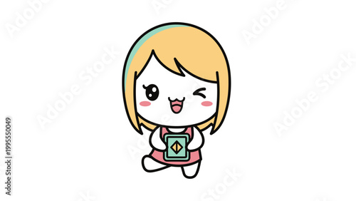 Kawaii anime girl character vector, cute blonde chibi girl winking and holding a tablet, happy cartoon female mascot with pink dress and yellow hair