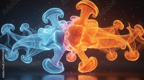 Abstract visualization of molecular interaction with glowing blue and orange shapes in scientific concept