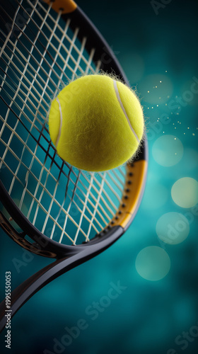 Yellow tennis ball bouncing on a racket with blurred background during a sports event in daytime