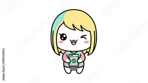 Kawaii anime girl character vector, cute chibi girl holding a smartphone, winking cartoon female mascot in pastel colors isolated on white