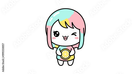 Kawaii business woman vector character, cute chibi girl in pink suit holding IOT tablet, professional female mascot with mint hair and winking expression