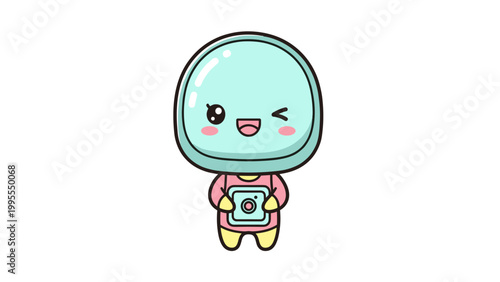 Kawaii business woman vector character, cute chibi girl in pink suit holding IOT tablet, professional female mascot with mint hair and winking expression