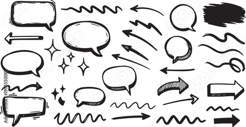 Colorful hand drawn scribble speech bubbles and thought clouds vector set with crayon texture sketch style for creative communication and social media design