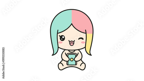 Kawaii business woman vector character, cute chibi girl in pink suit holding IOT tablet, professional female mascot with mint hair and winking expression
