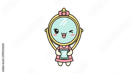 Kawaii business woman vector character, cute chibi girl in pink suit holding IOT tablet, professional female mascot with mint hair and winking expression