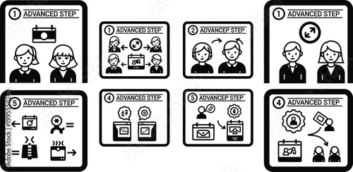 Step-by-step infographic icons for business process and planning