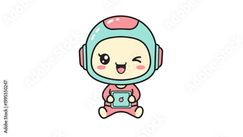 Kawaii business woman vector character, cute chibi girl in pink suit holding IOT tablet, professional female mascot with mint hair and winking expression