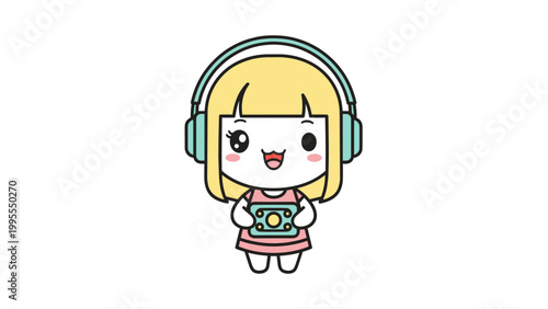 Kawaii business woman vector character, cute chibi girl in pink suit holding IOT tablet, professional female mascot with mint hair and winking expression