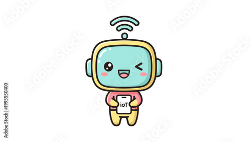 Kawaii business woman vector character, cute chibi girl in pink suit holding IOT tablet, professional female mascot with mint hair and winking expression