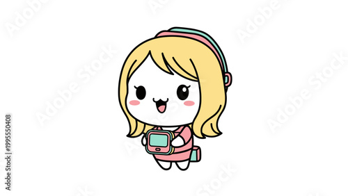 Kawaii business woman vector character, cute chibi girl in pink suit holding IOT tablet, professional female mascot with mint hair and winking expression