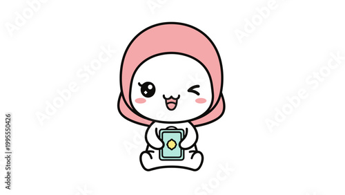 Kawaii business woman vector character, cute chibi girl in pink suit holding IOT tablet, professional female mascot with mint hair and winking expression