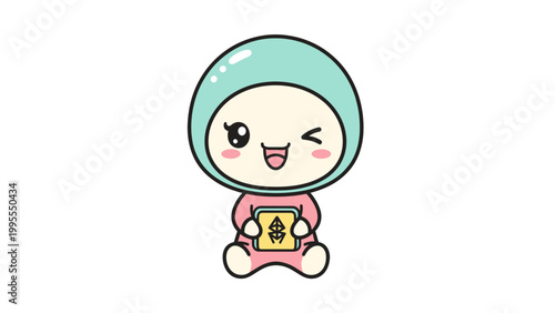 Kawaii business woman vector character, cute chibi girl in pink suit holding IOT tablet, professional female mascot with mint hair and winking expression