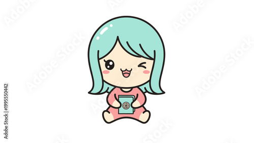 Kawaii business woman vector character, cute chibi girl in pink suit holding IOT tablet, professional female mascot with mint hair and winking expression