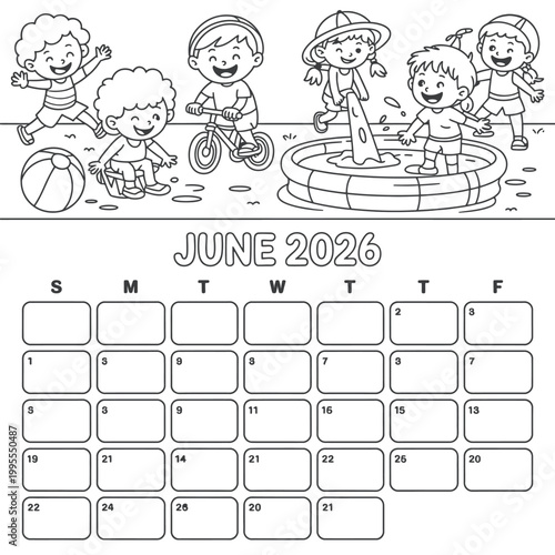 June 2026 calendar coloring page with children playing outdoors