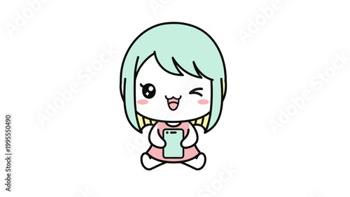 Kawaii business woman vector character, cute chibi girl in pink suit holding IOT tablet, professional female mascot with mint hair and winking expression