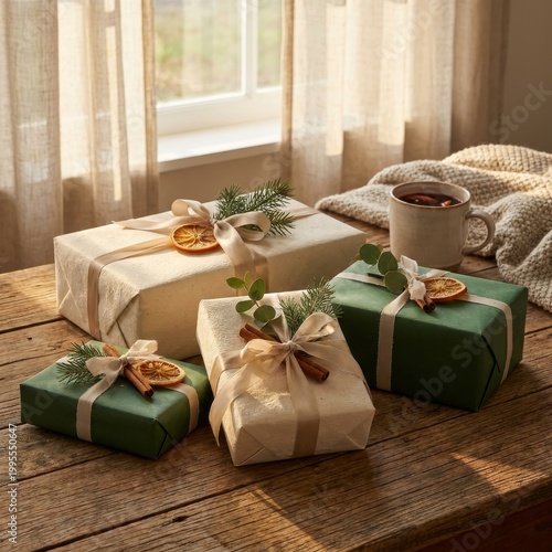 Ein Holztisch mit mehreren verpackten Geschenken