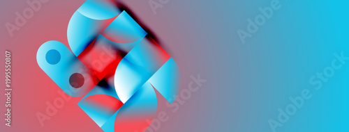 Abstract shapes blend vibrant red, blue hues. Gradient background creates dynamic visual effect. Modern design elements present.