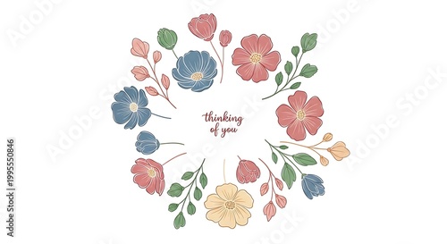 A vibrant floral wreath with colorful flowers and leaves surrounds the phrase 'thank you' on a white background.