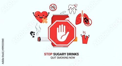 A warning sign with hand and icons of unhealthy habits like smoking and sugary drinks surrounds it on a light background.
