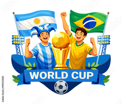 Argentina and brazil fans celebrating with world cup trophy