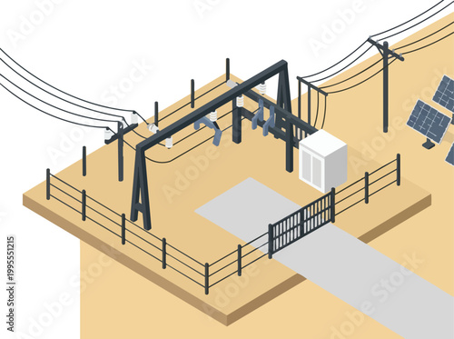 Isometric view of a renewable energy farm showcasing solar panels and infrastructure for sustainable power generation.